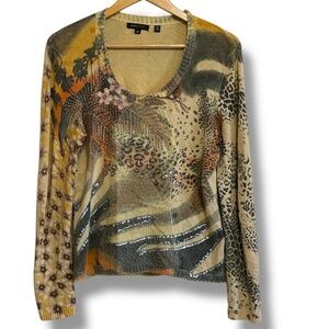 BCBGMAXAZRIA Leopard Print Embellished Sweater‎ Sz M Y2K Mob Wife